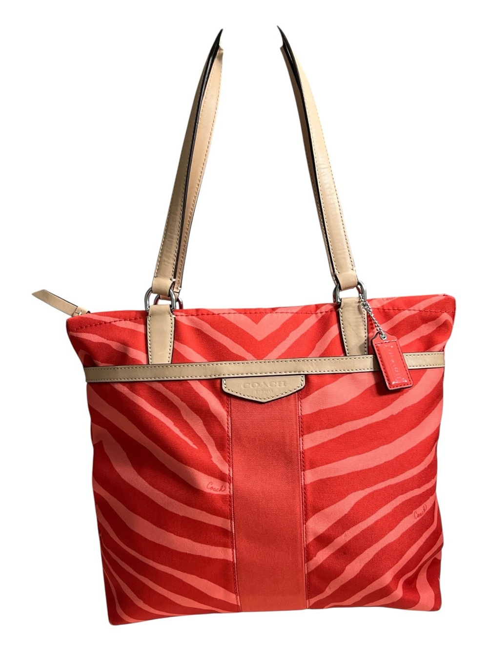 Coach Red Zebra-Print Tote with Tan Straps